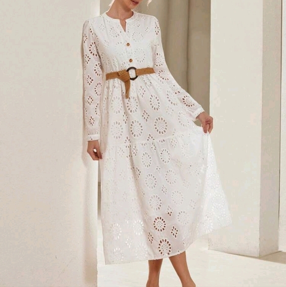 Women Button Front Long Sleeve Embroidery Midi Dress - Picture 3 of 4